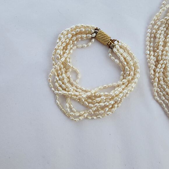 Genuine rice Pearl 10 strand Choker Necklace & Bracelet Set Vintage Old Money - Picture 4 of 9